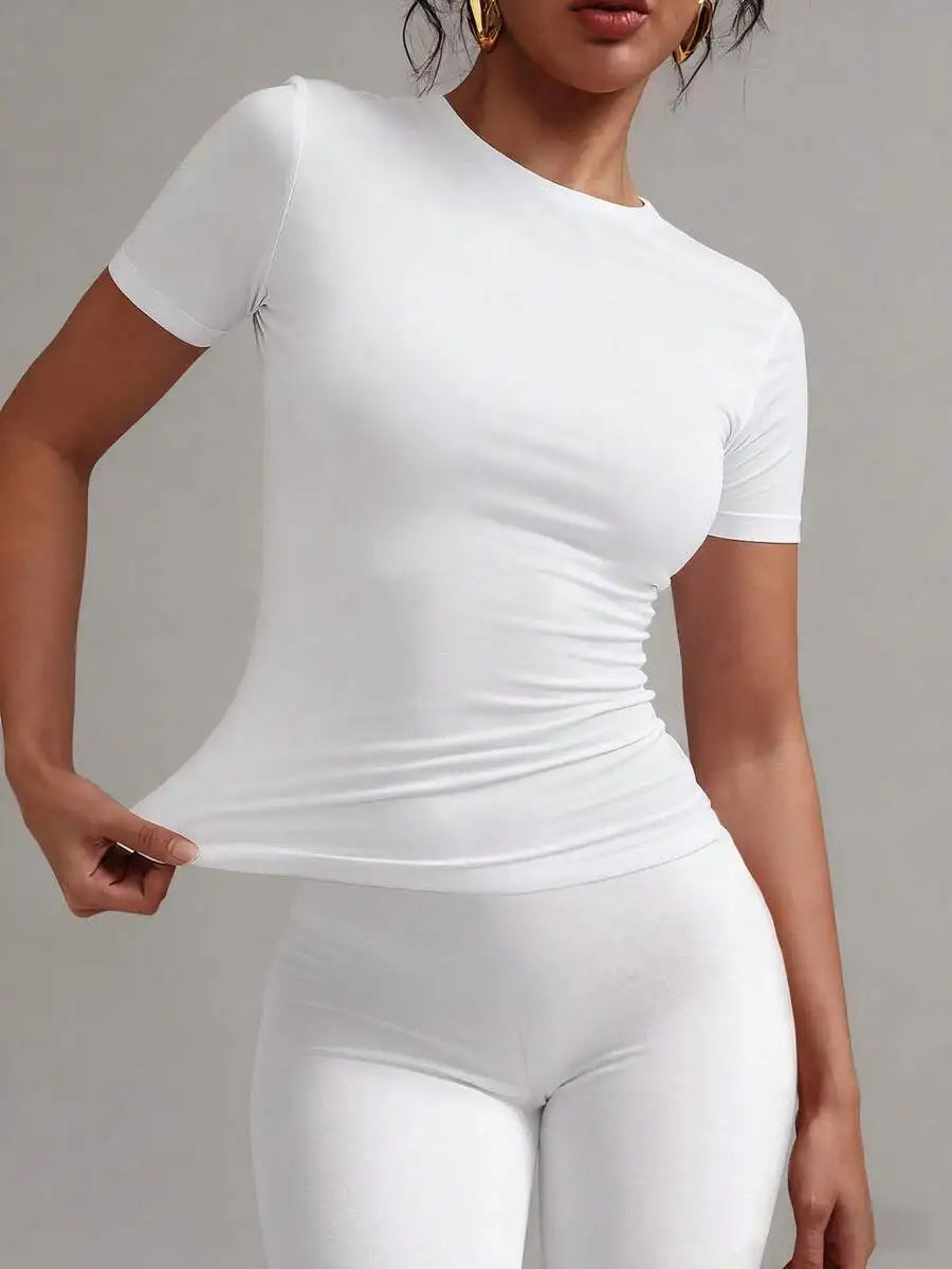 Women's White Short Sleeve Crew Neck Fitted Solid T-Shirt
