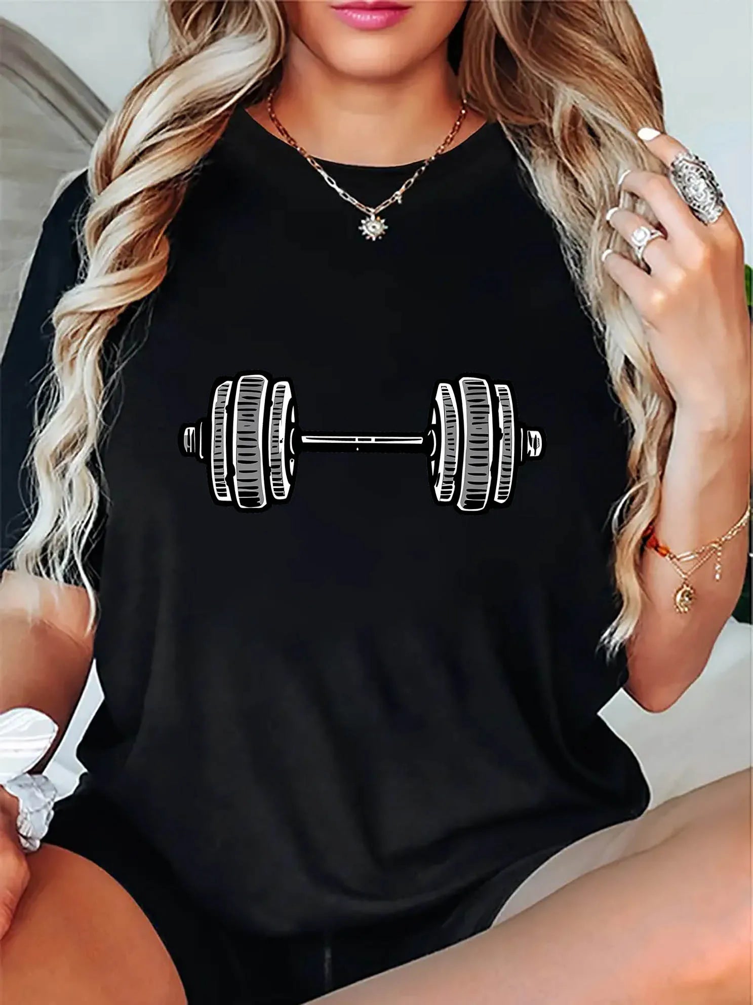 WomenS Casual Fitness T-Shirt with Dumbbell Graphic
