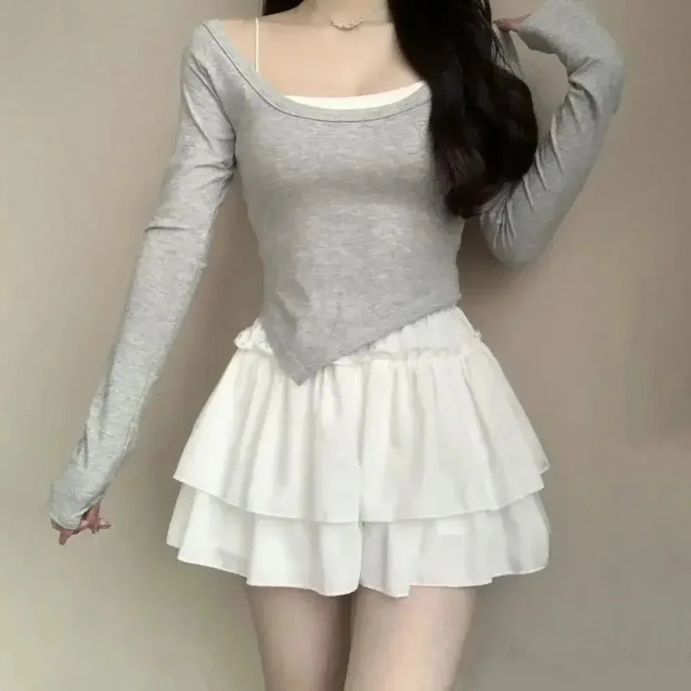 Summer Kawaii Pleated A-Line Skirt for Women White Ruffle Tiered Sweet Style Elastic Waist Summer Slim Korean Harajuku Dress